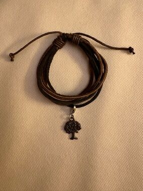 Adjustable Brown Leather Wrap Bracelet with Tree of Life Charm